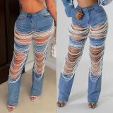 Fashion Holes Pearl Chain Jeans MEM-88586