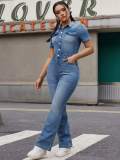 Casual Short Sleeve Lapel Denim Jumpsuit GKNF-TSJ-1380