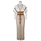 Sexy V-neck Hollow Out Striped Knit Long Skirt Set ZSD-Z0326