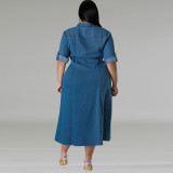 Plus Size Denim Lapel Belt Midi Dress GDAM-218602