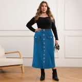 Plus Size Denim Single Breasted Long Half-body Skirt GDAM-218609