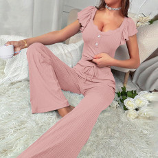 Short Sleeve Solid Color Casual Pajama 2 Piece Set GLSY-N500038