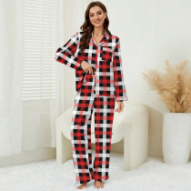 Long Sleeve Long Pants Casual Cardigan Plaid Pajama Set GLSY-W0293