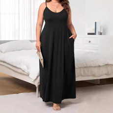 Plus Size Solid Color Sling Loose Maxi Dress GAWE-6303