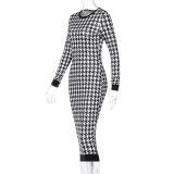 Long Sleeve Hollow Out Houndstooth Print Dress HNIF-208