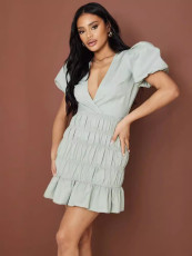 Ruched Lantern Sleeve Deep V Mini Dress GADE-5003