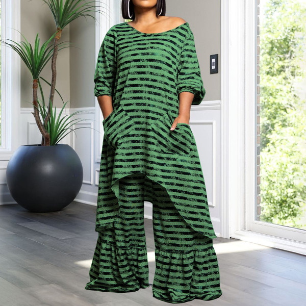 Plus Size Stripe Irregular Tops And Wide Leg Pants 2 Piece Set NNWF-8046