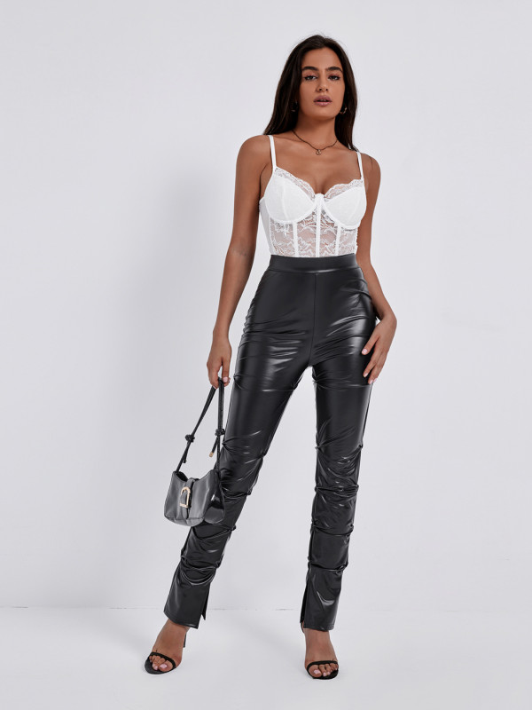 Skinny Side Pleat Split PU Leather Trousers GWDS-240796