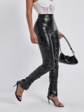 Skinny Side Pleat Split PU Leather Trousers GWDS-240796