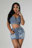 Cross Embroidery Casual Denim Two Piece Skirts Set LX-6021