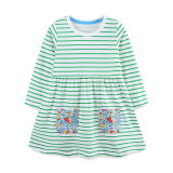 Kids Girl Striped Round Neck Pocket Print Princess Dress GASD-1518