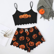 Halloween Pumpkin Print Sling Loungewear Pajama Set GXMB-TL9531