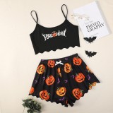 Halloween Pumpkin Print Sling Loungewear Pajama Set GXMB-TL9531