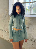 Denim Long Sleeve Zipper Two Piece Skirts Set CH-HR88018