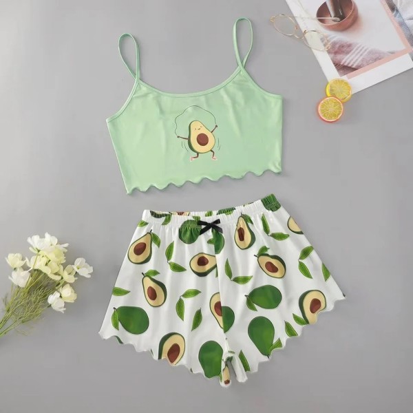 Avocado Print Sexy Sling Loungewear Pajamas Set GXMB-TL9492