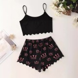 Letter Print Sling Vest Shorts Loungewear Set GXMB-TL9616_BK