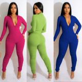 Solid Color Zipper V Neck Jumpsuit YD-1167