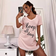 V Neck Print Lace Edge Loungewear Nightgown GXMB-TL9713_PK