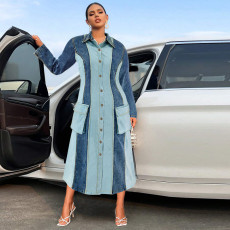 Plus Size Denim Patchwork Lapel Long Sleeve Long Dress GDAM-218539