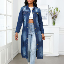 Torn Hole Washed Loose Denim Long Coat GKNF-TS-24932