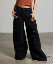 Washed Zipper Multi-pockets Wide Leg Jeans GDMY-222