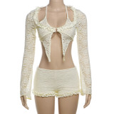 Sexy Halter Lace Long Sleeve Cardigan Shorts Set XEF-55017