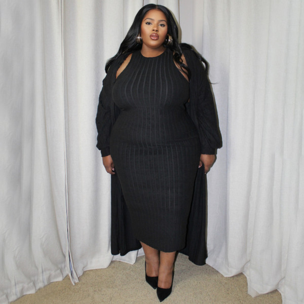 Plus Size Solid Color Coats And Dress 2 Piece Set NNWF-N8057