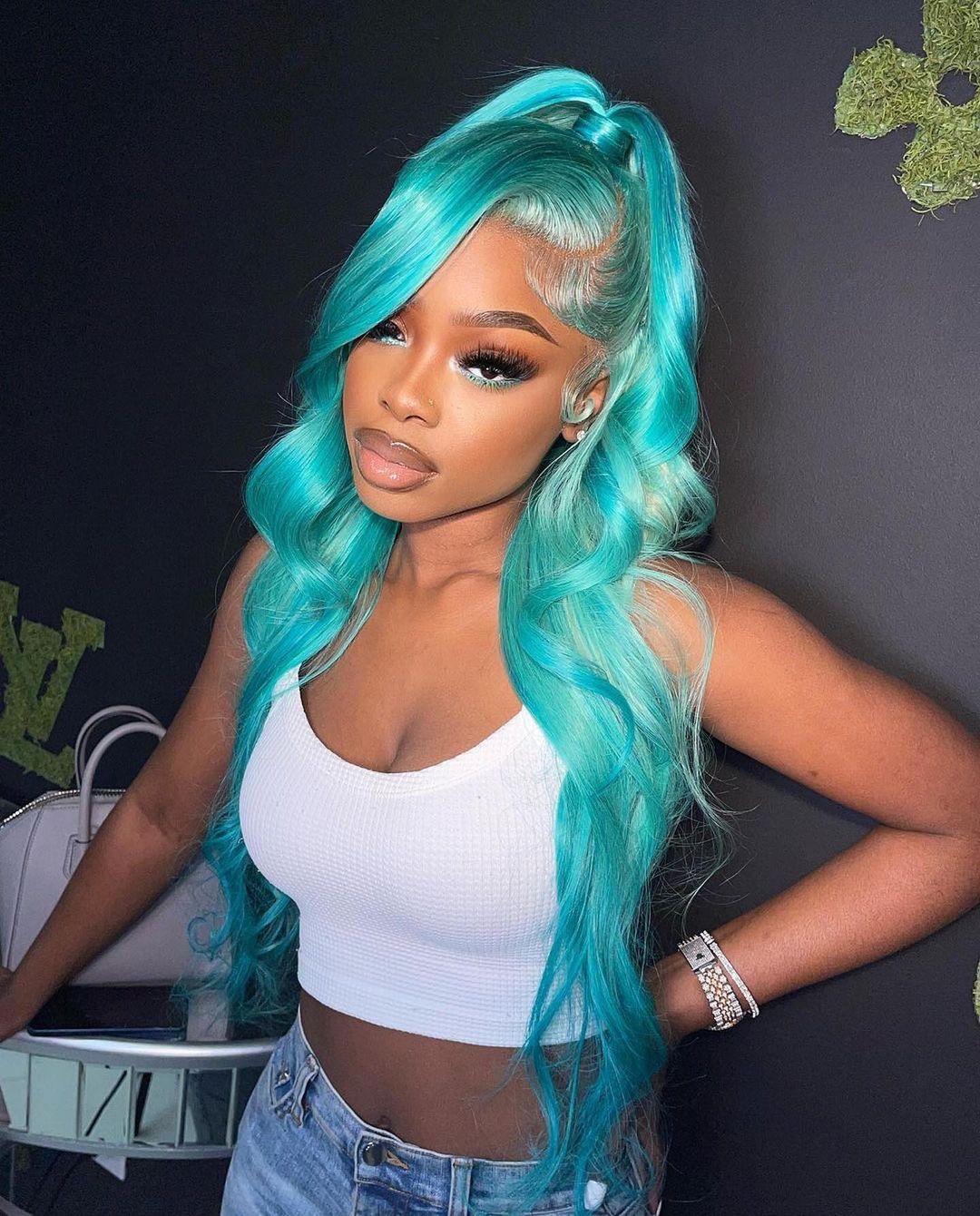 Blue and green outlet wig