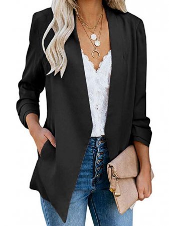 Womens Casual Blazer Ruched 3 4 Sleeve Open Front Relax Fit Office