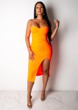 EVE Orange Sexy Strapless Split Bodycon Tube Midi Dresses JH-112