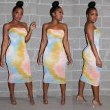 EVE Tie Dye Print Strapless Wrap Midi Dresses WSM-5069