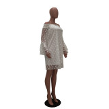 EVE Plus Size Polka Print Slash Neck Petal Sleeve Loose Midi Dress TR-829