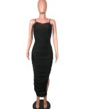 EVE Black Spaghetti Strap Split Ruched Maxi Dress LS-0222