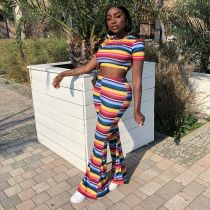 EVE Colored Striped Crop Top Flares Pants Two Piece Suit MEI-9027