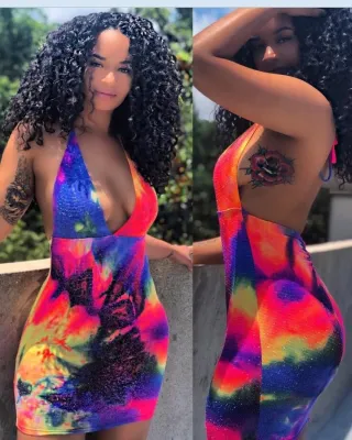 EVE Sexy Printed Deep V Halter Backless Bodycon Mini Dresses MOF-5097