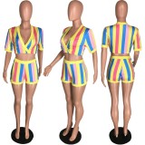 Rainbow Striped V Neck Short Sleeve 2 Piece Sets PIN-8318