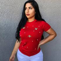 Plus Size Pearl Butterfly Decoration T Shirt PIN-8291