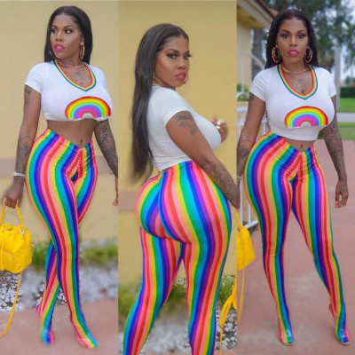 EVE Rainbow Stripes T Shirt Pants Skinny 2 Piece Suits MYP-8881