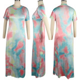 Tie Dye Print Split Side Short Sleeve O Neck Maxi Dresses TE-3810