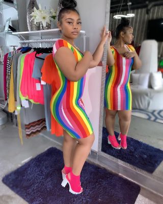 EVE Rainbow Stripe Short Sleeve Mini Dress MYP-8863