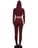 Wine Red Lace-up Crop Top Pants LOU-6027