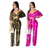 EVE Sexy Striped V Neck Off Shoulder Wide Leg Pants Suit BS-1075