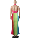 Halter Backless Tie Dye Slim Long Dresses YS-8257