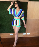 EVE Two Piece Set Deep V Colorful Striped Shorts OY-5225