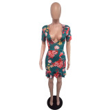 EVE Floral Print Sexy Deep V Backless Mini Mermaid Dress BS-1021