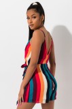 Colored Stripes V Neck Spaghetti Strap Mini Dress YLY-2313