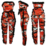 EVE Red Camouflage Ruffles Off Shoulder Jumpsuits HM-6011