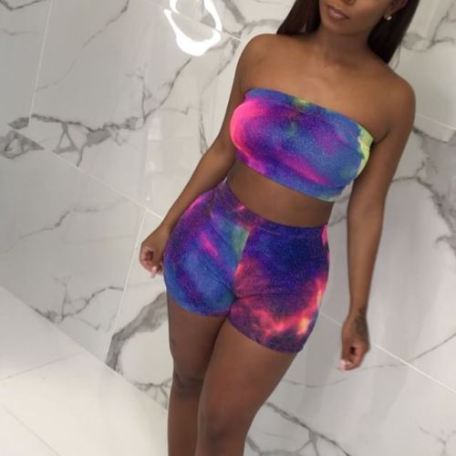 Wholesale Sexy Printed Strapless Bodycon Two Piece Shorts Set Yim