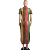 EVE Colorful Stripe Mesh Short Sleeve Midi Club Dress BS-1024