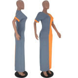 EVE Plus Size Color Block Short Sleeve Maxi Dresses YH-5044